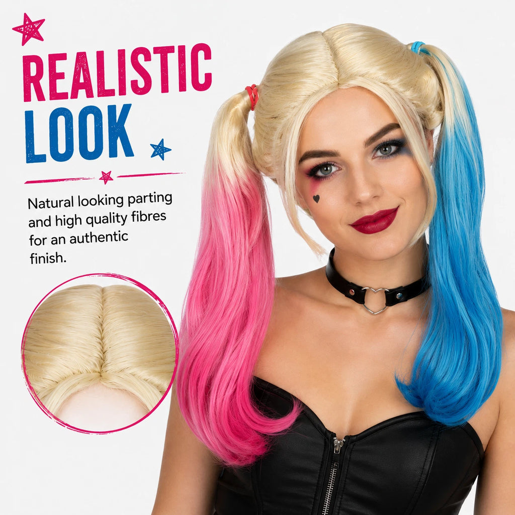 Harlequin Pink Blue Pigtail Wig