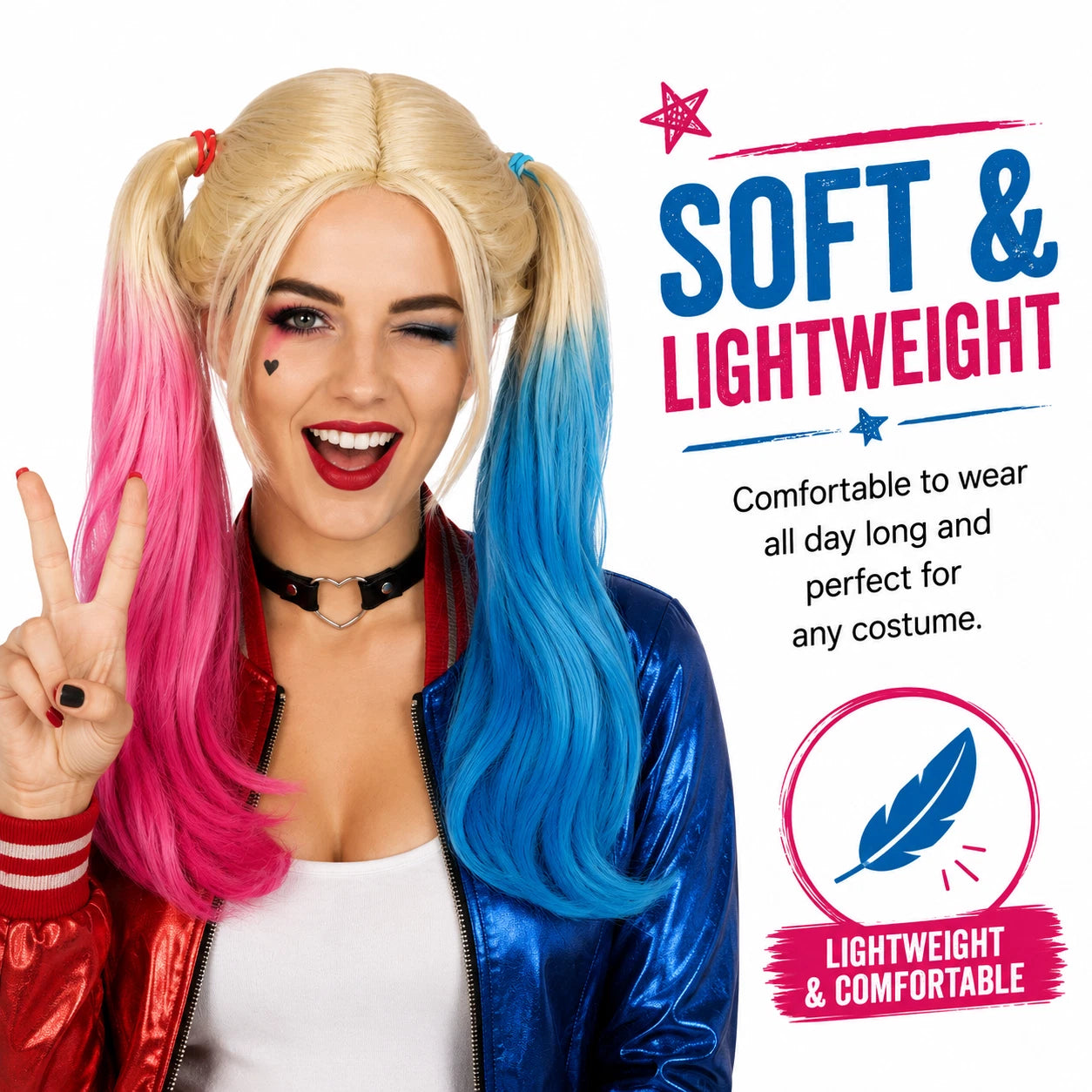 Harlequin Pink Blue Pigtail Wig